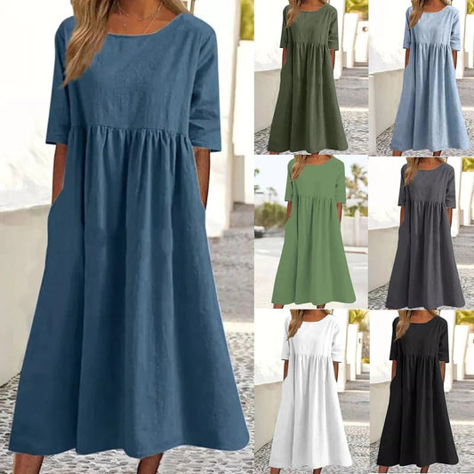 👗 60% RABATT! 🌿 Bomullsklänning med Rund Halsringning – Lätt, Bekväm & Perfekt för Alla Tillfällen ✨