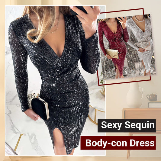 👗 60% RABATT! ✨ Elegant Inslutande V-ringad Klänning med Splits & Paljetter – Festglans, Smygande Figur & Sexig Detalj 💃
