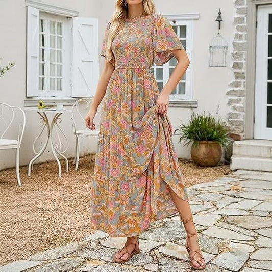 👗 54% RABATT! 🌸 Avslappnad Maxiklänning för Damer med Blommönster – Korta Flänsar i Sammet, Smock & Hög Midja För En Elegant Silhuett ☀️
