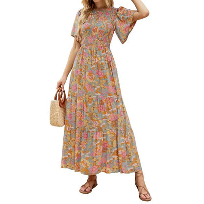 👗 50% RABATT NU! 🌸 Women's Casual Floral Print Maxi Dress – Flutter Ärmar, Smockad Hög Midja & Flödande Lagerkjol För En Romantisk Look ✨