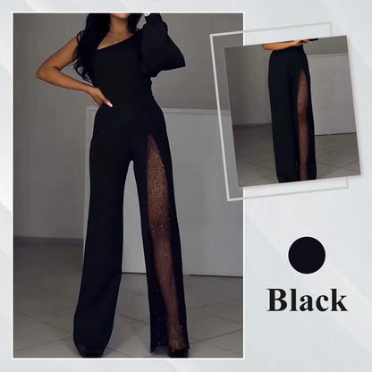 👠 60% RABATT! ✨ Glittrande Utsvängd Jumpsuit med Axelband i Mesh – Smygande Fit, Festlig Siluett & Bekväm att Bära 🖤