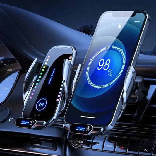 📱 50% RABATT! 🚗 Trådlös Bilstationsladdare & Telefonhållare – Kompatibel med iPhone/Android, Stabil grepp & Instrumentbräda med ambientljus 🪄