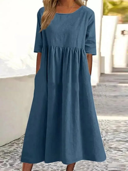 👗 60% RABATT! 🌿 Bomullsklänning med Rund Halsringning – Lätt, Bekväm & Perfekt för Alla Tillfällen ✨