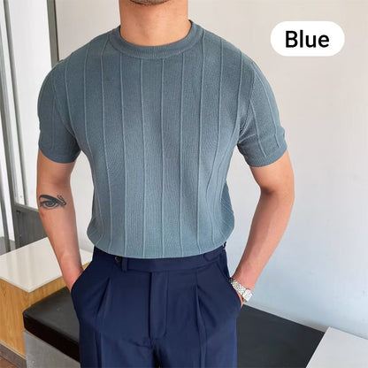 👕 50% RABATT! 🧶 Herr Stickad Tröja med Rund Hals, Korta Ärmar & Tvinnat Mönster – Klassisk Design, Mjuk Textur & Perfekt För Vardagsbruk 🏠