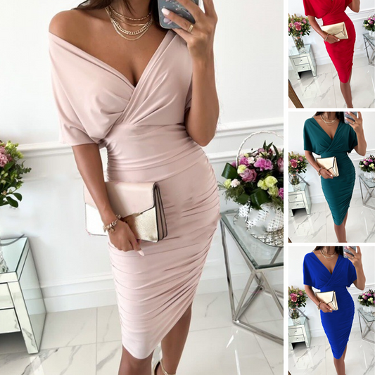 👗 50% RABATT! 💖 Sexig V-ringad Bodyconklänning med Rynkad Hals – Kroppsnära, Elastiskt Material & Mångsidig Stil ✨