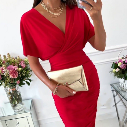 👗 50% RABATT! 💖 Sexig V-ringad Bodyconklänning med Rynkad Hals – Kroppsnära, Elastiskt Material & Mångsidig Stil ✨