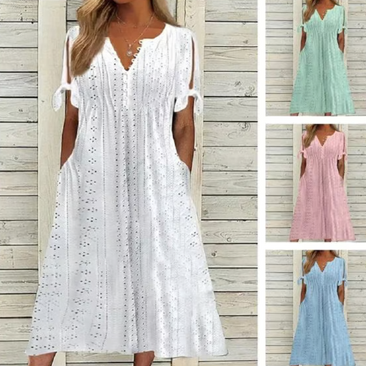 👗 50% RABATT NU! 🌸 Elegant V-ringad klänning med urtagning för kvinnor – Smyckande, luftig & perfekt för sommarfester eller romantiska kvällar 💃