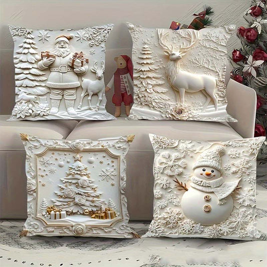 🛏️ KÖP 2 FÅ 3! ✨ Julkuddfodral 4-pack - Mjuka 3D-festmotiv med Andas Material för Mysig Julstämning 🎄❤️