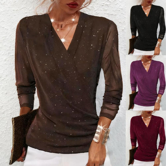 👚 60% RABATT! 💫 DAMTRÖJA MED V-RINGNING - Korsad Framkant och Långa Ärmar, Mjukt Stretchtyg för Elegant Komfort, Perfekt för Fest och Vardag 🌟🎉