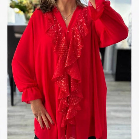 👚 60% RABATT! ✨ Damms V-ringad Chiffongblus med Paljetter – Lång Ärm, Elegant Glans & Bekväm Passform för Kvällen 🌙📦