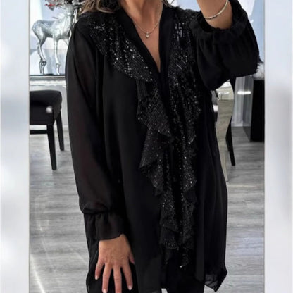 👚 60% RABATT! ✨ Damms V-ringad Chiffongblus med Paljetter – Lång Ärm, Elegant Glans & Bekväm Passform för Kvällen 🌙📦