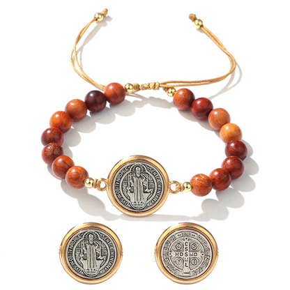 📿 KÖP 2 FÅ 1 GRATIS! ✨ Justerbart Träpärlearmband med St. Benedict – Andligt Skydd, Naturmaterial & Unisex Design 🙏