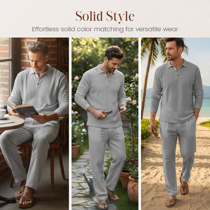 👕 60% RABATT! 🌿 Herrkläder – Reversskjorta & Byxor med Dragsko, Linne Tvådelad Casual Kostym för En Lätt & Stilig Look 🌞