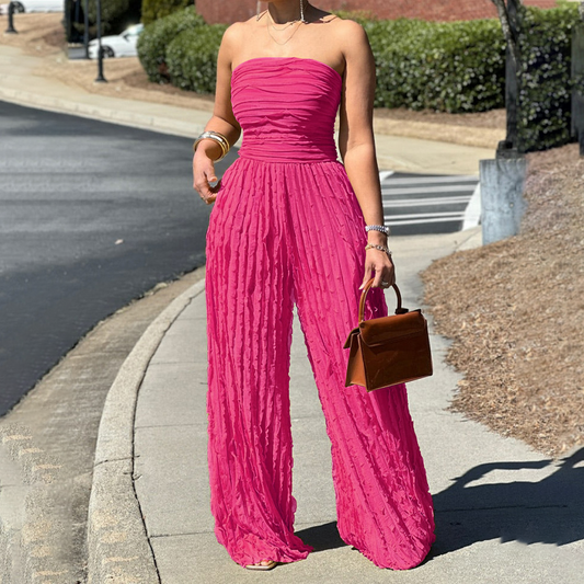 👗 60% RABATT! 🔥 Axelbandslös Krinklad Jumpsuit med Vida Ben – Elegant, Bekväm & Perfekt För En Trendig Sommarlook 💃