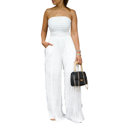👗 60% RABATT! 🔥 Axelbandslös Krinklad Jumpsuit med Vida Ben – Elegant, Bekväm & Perfekt För En Trendig Sommarlook 💃