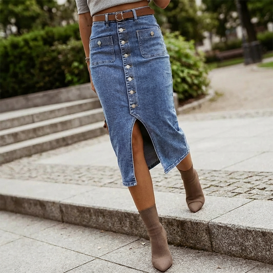 👗 60% RABATT! ⏳ Högmidjad Denimkjol med Knappar Fram – Klädsam A-linje, Justerbar passform & Klassisk stil 💙