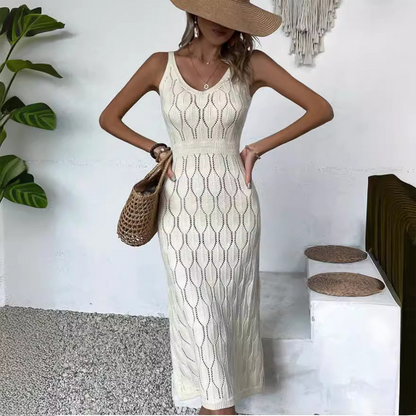 👗 60% RABATT! ✨ Elegant V-ringad Stickad Klänning – Hålmönster – Andningsbar, Figursydd & Perfekt för Fina Tillfällen 💃