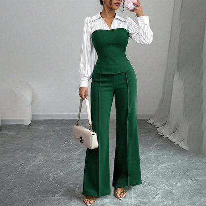👚 60% RABATT! 👖 Elegant Randig Blus med V-ringning & Vida Byxor för Damer – Klassisk Look, Bekväm & Mångsidig ✨