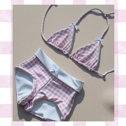 👙 50% RABATT! 🌞 Söt 2-delad bikinibaddräkt med rutigt & randigt tryck – Justerbara band, Höftkorta trosor & Sommarstil 🌊