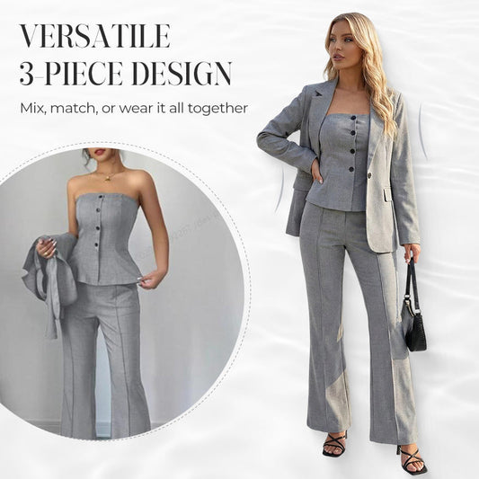 👚 60% RABATT! 💃 3-delat Damkostymset med Utsvängda Byxor – Långärmad Topp, Höga Byxor & Matchande Bälte ✨