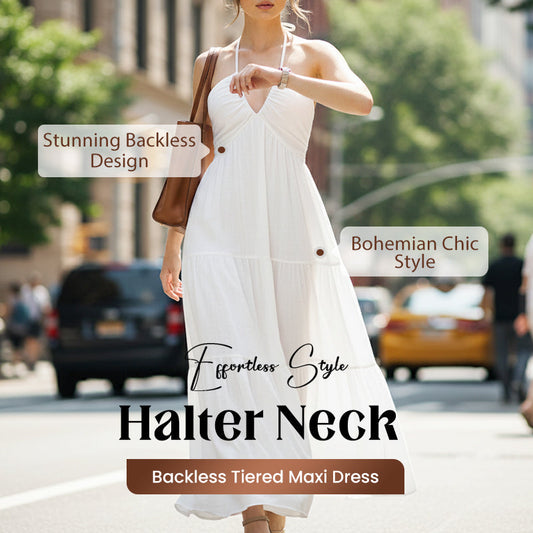 👗 50% RABATT! 🌸 Halsbunden Baklös Vårad Maxiklänning – Elegant, Luftig & Perfekt För Varma Dagar & Festliga Tillfällen 💃