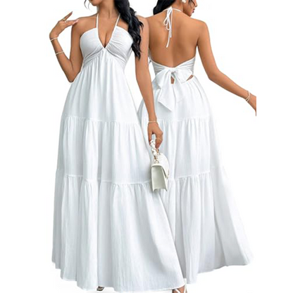 👗 50% RABATT! 🌸 Halsbunden Baklös Vårad Maxiklänning – Elegant, Luftig & Perfekt För Varma Dagar & Festliga Tillfällen 💃