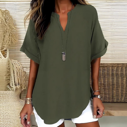 👚 60% RABATT! 🔥 Modern, Lös Kortärmad Topp – V-ringning med Skåra, Asymmetrisk Fåll & Lätt Tyg (5 färger, S–2XL) 🌸