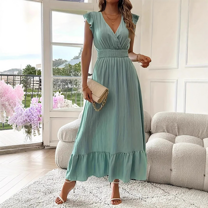 👗 60% RABATT NU! 💃 V-ringad Maxi-klänning med Volanger & Midjedefinition – Smickrande Passform, Elegant Design & Perfekt för Alla Tillfällen 🌸