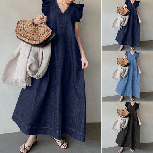 👗 60% RABATT! ✨ Lång Jeansklänning med V-ringning – Avslappnad Passform, Bekväm & Perfekt För Vardagsbruk 🌸