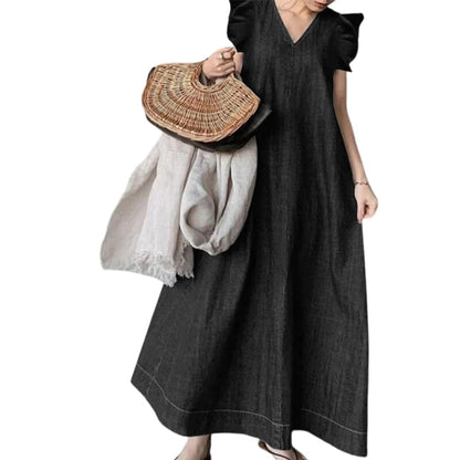 👗 60% RABATT! ✨ Lång Jeansklänning med V-ringning – Avslappnad Passform, Bekväm & Perfekt För Vardagsbruk 🌸