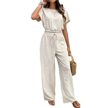 👚 50% RABATT! 👖 Tvådelat set för damer – kortärmad topp & raka byxor med vid ben – Lätt, ledig & perfekt för vardag, resor eller sommarkvällar – elegant men ändå avslappnad ✨