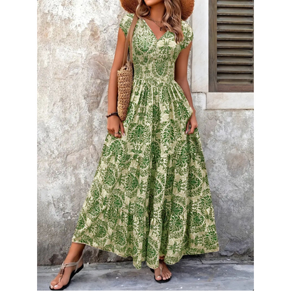👗 50% RABATT NU! 🌸 Kvinnors V-ringad Blommönstrad Smockad Maxiklänning – Smockad Midja, Andningsbar & Mångsidig Längd För En Elegant Silhuett ✨