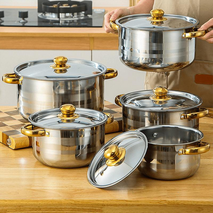 🍳 60% RABATT! 🔥 5-delars Köksredskapsset – Rostfritt Stål, Glaslock & Perfekt För Alla Spisar För En Stilren Matlagning ✨