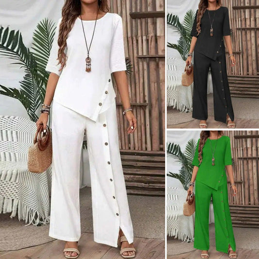 👚 50% RABATT! 🌸 Tvådelade Set för Kvinnor – Topp med Oregelbunden Fåll & Vida Byxor, Trendig Look & Perfekt För Varma Dagar 💃