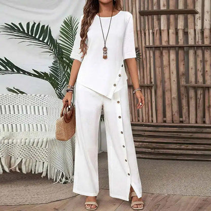 👚 50% RABATT! 🌸 Tvådelade Set för Kvinnor – Topp med Oregelbunden Fåll & Vida Byxor, Trendig Look & Perfekt För Varma Dagar 💃