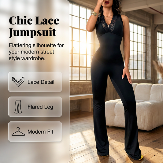 👗 50% RABATT! ✨ Elegant Jumpsuit med Spets, V-ringning & Utsvängda Ben – Romantisk Stil, Bekväm Passform & Perfekt För Festliga Tillfällen 💃