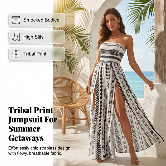 👗 60% RABATT! 🎁 Geometriskt Mönstrad Jumpsuit med Smockad Överdel – Bekväm, Trendig & Perfekt För En Lekfull Sommarlook 🌞