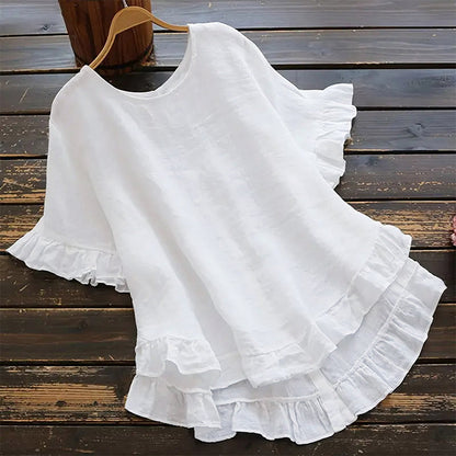 👚 50% RABATT! 🌸 Damblus med Rund Hals & Volanger – Elegant Detalj, Mjukt Tyg & Perfekt För En Romantisk Look ✨