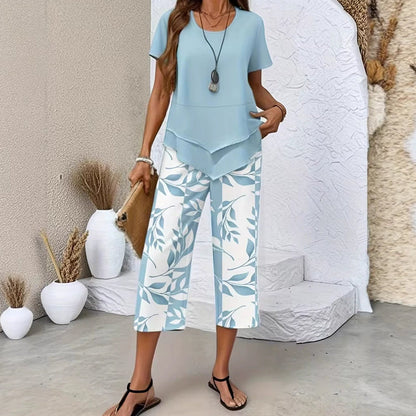 👚 50% RABATT! 💙 Avslappnad Rundhalsad Tunikatopp i Lager & Vida Byxor – Set, Mjukt Tyg, Flödande Design & Perfekt För En Ledig Stil 🌸