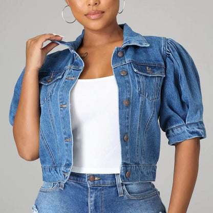 🧥 50% RABATT NU! 🎀 Dam puff kort ärm croppad denimjacka – Vintage detaljer & mjuk blandning – Smickrande midjesnitt – perfekt för vår och sommar 🌟