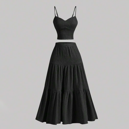 👗 50% RABATT! 🌸 Högmidjad A-linje Kjol & Linne Set – 2-delat, Krinklat Tyg & Perfekt För En Elegant, Mångsidig Sommarlook 💃