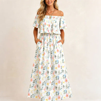 👗 50% RABATT NU! 🌸 Tryckt Off-Shoulder Kortärmad Maxiklänning – Blommönster, Rynkad Liv & Dolda Fickor För En Avslappnad Elegans ✨