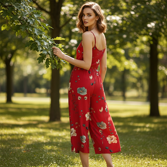 👗 50% RABATT! 🌸 Dam Avslappnad Tryckt Jumpsuit med Smala Axelband – Lätt Tyg, Ledig Passform & Perfekt För En Somrig & Bohemisk Känsla ☀️