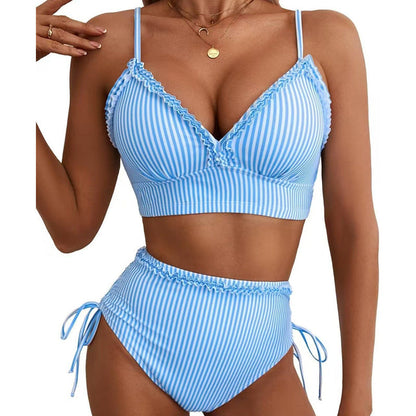 👙 50% RABATT! 🌊 Rändad Ruffle Trim Hög Midja Bikini Set – Stilren Design, Justerbara Remmar & Perfekt För En Romantisk Stranddag ☀️