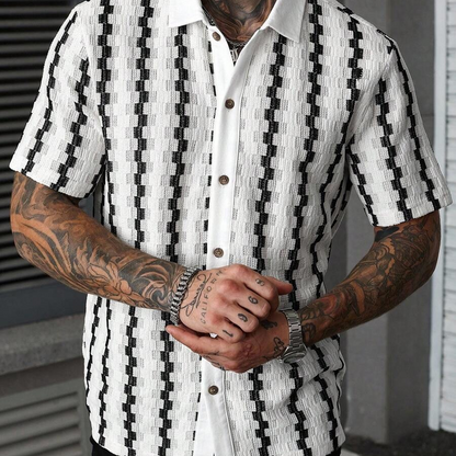 👕 50% RABATT! 🎨 Herr Kortärmad Retro Geometrisk Stickad Skjorta – Unikt Mönster, Mjuk Textur & Perfekt För En Personlig Sommarlook 🌞