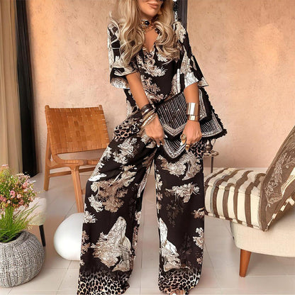 👚 50% RABATT NU! 🌸 Casual set med tryck och V-ringning för damer – Mjukt & andningsbart – Top med V-ringning och långbyxor – perfekt för lediga dagar eller resor 🍃