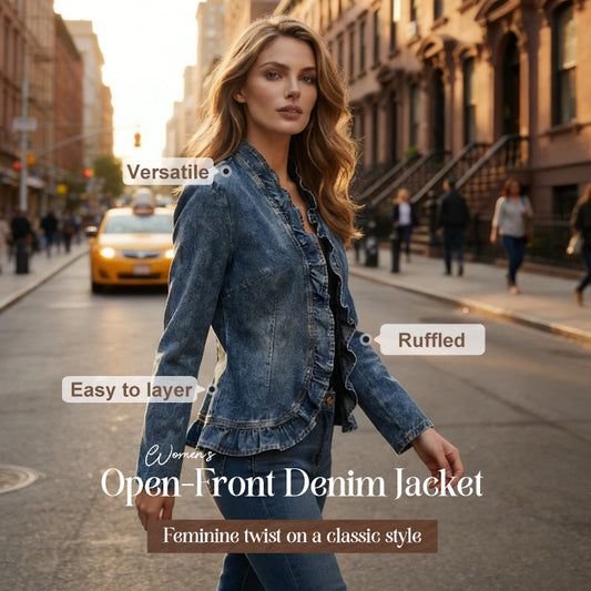 🧥 50% RABATT NU! 🌸 Dam Denimjacka med Volang & Öppen Framsida – Lättviktig, feminin & mångsidig – chic för alla tillfällen 👗