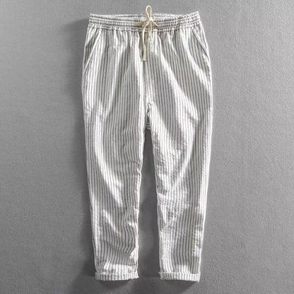 👖 50% RABATT! 👔 Herr Randiga Linblandning Casual Byxor – Lätt, andningsbar & perfekt för avslappnad stil i sommarvärmen 🌿