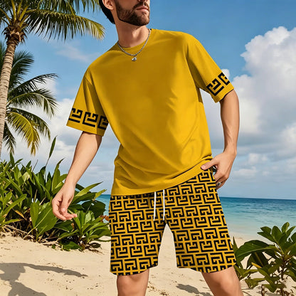 👕 60% RABATT! 💛 Herrarnas gula träningsset med grafisk tryck & kort ärm – Andningsbart & bekvämt – Perfekt för gym, löpning eller aktiva sommardagar – sportig stil med komfort 🩳✨