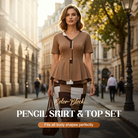 👗 50% RABATT! 🎨 Color-Block pennkjol & topp set – Figurnära, stilren & perfekt för kontor, middag eller speciella tillfällen – Mångsidigt combo 🔥